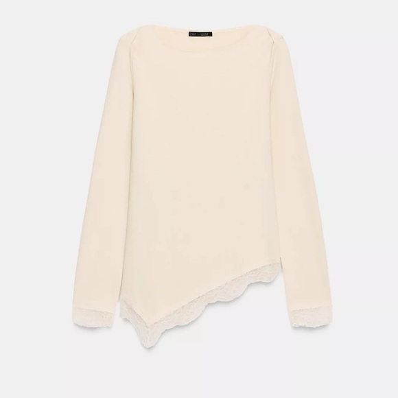 Zara NWT off white ecru lace trim long sleeve asymmetrical hem top - Picture 5 of 10